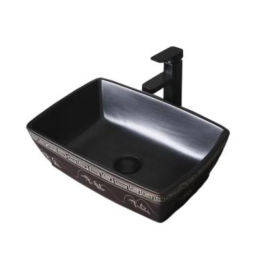 Imagem de Vessel Vanity Sink pia de banheiro de cerâmica, preto 47 * 32 * 15 cm acima do balcão vaso com torneira e conjunto de drenagem, bancada moderna retangular