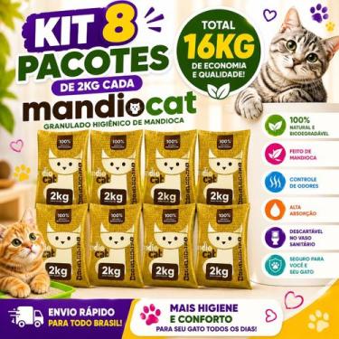 Imagem de Kit 8 Areia MandioCat 16Kg Pet Gato Zero Odor Higiênica Biodegradável 