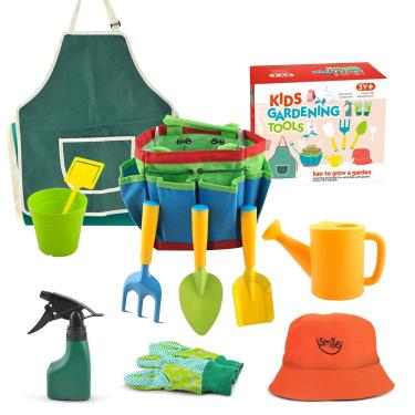 Imagem de Mona43Henry ferramentas infantis jardinagem ferramentas jardinagem coloridas para crianças, brinquedos divertidos com regador, luvas vaso, ancinho algodão, bolsa armazenamento chapéu tudo em uma sacola para meninos