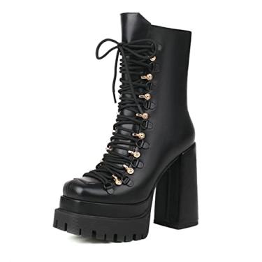Imagem de Botas femininas plataforma tornozelo botas góticas grossas bloco salto alto punk com cadarço motocicleta botas de combate,Black,9 UK/42 EU