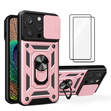 Imagem de Capa iPhone 14 Pro Case (2 pedaços de filme temperado Protetora) de Câmera Proteção de Tela Metal KickStand (Rose)