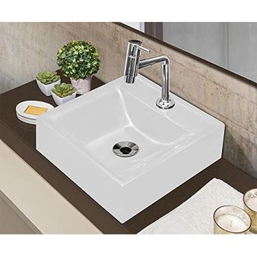 Imagem de Kit Cuba Quadrada Branca com Torneira AA05 e Válvula ABS Cromada