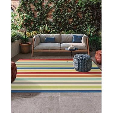Imagem de Savannan Tapete para área ao ar livre, padrão geométrico listrado colorido absorvente fácil de limpar, tapete antiderrapante para sala de jantar, quintal, deck, pátio 1,2 x 1,8 m