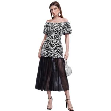 Imagem de Camisa Feminina Elegant Off The Shoulder Leopard Print Dress With Mesh Panel (Color : Black and White, Size : X-Small)