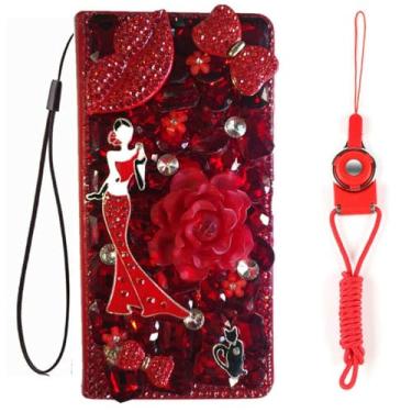 Imagem de HFICY Capa para celular Boost Mobile Bounce 4G com 2 peças de película de vidro, carteira de couro brilhante feminina com suporte flip protetora para celular (vermelho sexy batom menina gato)