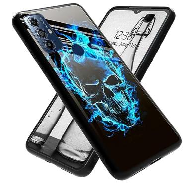 Imagem de RAUEDWDJS Capa para celular Motorola Moto G Play 2023, parte traseira de vidro temperado + capa protetora de TPU de silicone macio antiarranhões à prova de choque para Moto G Play 2023, caveira azul