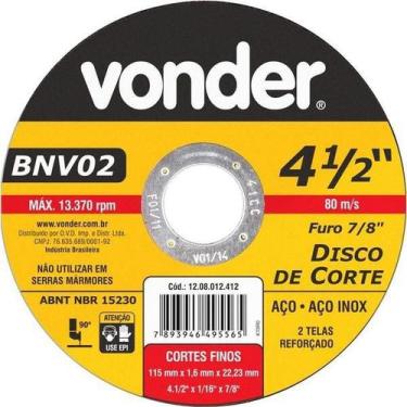Imagem de Disco De Corte 115,0x1,6x22,23 2 Telas Para Aço Carbono E In - Vonder