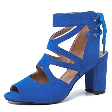 Imagem de fereshte Sandália feminina gladiadora com tiras com cadarço, vazada, salto alto grosso, Azul royal, 34