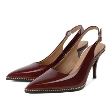 Imagem de Joseywade Slingback Heels Sapato social feminino bico fino salto alto salto alto com contas douradas, Vinho envernizado, 36