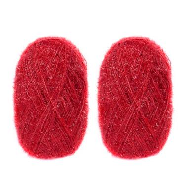 Imagem de CAMAL Fio de poliéster para panos de prato para suprimentos de crochê, fio de tricô colorido brilhante para panos de prato, artesanato DIY, 2 pacotes 109 jardas por novelo (vermelho escuro)