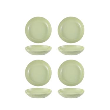 Imagem de Conjunto de tigela e prato de cerâmica criativo e personalizado, tigelas e pratos domésticos simples - prato fundo amassado à mão de 20 cm - verde creme - 4 pacotes