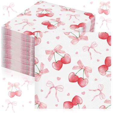 Imagem de Janlaugh 100 peças 13 polegadas She's the Cherry on Top Decorações Guardanapos Laço Rosa Cereja Guardanapos Descartáveis Absorventes Toalhas de Mão para Coquette Aniversário Chá de Bebê Festa Arco