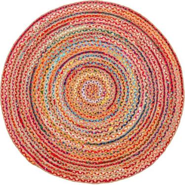 Imagem de MDS Pacote de 1 tapete de área de juta trançado à mão - 1,5 m redondo - 100% serapilheira natural com algodão multicolorido chindi tapetes realces reversíveis para decoração de casa, sala de estar