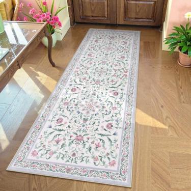 Imagem de Lahome Tapete de corredor roxo vintage floral 5 x 15 cm para quarto de meninas, tapete de banheiro longo pastel, antiderrapante, boêmio, macio, decoração de quarto de adolescente, tapete para berçário