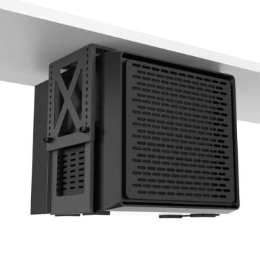 Imagem de Monzlteck Suporte de metal ajustável sob a mesa – ajuste de altura de 16 níveis (14-28 cm), capacidade de carga resistente de 15 kg, suporte universal para PC, NAS, alto-falante com modelo de papel