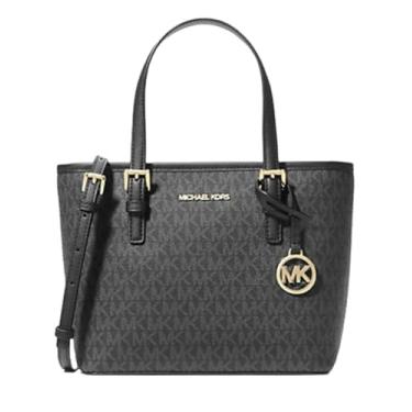 Imagem de Michael Michael Kors Bolsa feminina XS Carry All Jet Set com logotipo extra pequeno com zíper superior, PVC preto, Medium