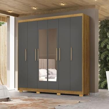 Imagem de Guarda Roupa Casal Forest 6 Portas 2 com Espelhos Bater 6 Gavetas com Cabideiros MDF Nature/Chumbo G98 Gran Belo