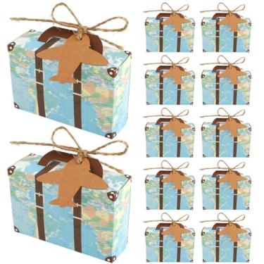 Imagem de LCZNXJJY Mini caixa de lembrancinhas de mala, caixa de doces de festa com etiquetas de aeronaves e barbante, papel vintage fácil de montar, sacos de presente para festas temáticas de viagem, chá de