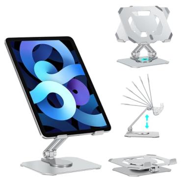 Imagem de Suporte para tablet para mesa, suporte portátil de alumínio ajustável com rotação de 360°, base dobrável, resistente, compatível com iPad, prata