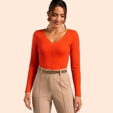 Imagem de Blusa Feminina Canelada Manga Longa Decote V Cintura Ajustada Gris- Cativa-Feminino