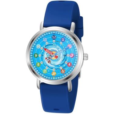 Imagem de Afcrho Relógio infantil – Relógios analógicos para crianças de 7 a 10 anos, 8 a 12 anos, ferramenta de ensino de tempo de aprendizagem de astronautas, 21. Astronauta e foguete, pulseira azul