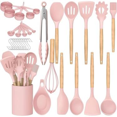 Imagem de Feuora Conjunto de utensílios de cozinha de silicone premium, 33 peças – resistente ao calor de 230 °C, antiaderente, livre de BPA, cabos de madeira, espátula, espátula, pinça, colher, pincel, batedor