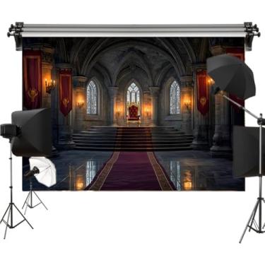 Imagem de Pano de fundo de poliéster para sala do trono real de 1,8 x 1,8 m para fotografia, salão de castelo medieval com tapete vermelho e cadeira dourada, fundo de arquitetura de pedra gótica para decoração