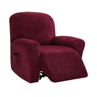 Imagem de Ｂｅｓｇａ Capa de veludo respirável, lavável, confortável, antiderrapante e ajustável para poltrona reclinável com bolso, Vermelho
