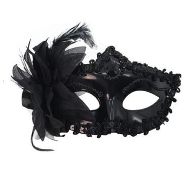 Imagem de MYMENU Máscara veneziana feminina de strass brilhante para fantasia de Halloween, cosplay, festa, baile de formatura, com decoração de flores (preto)