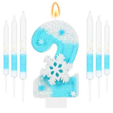 Imagem de IDIJOLI Conjunto de velas de aniversário Blue Frozen, floco de neve, branco, número 2, topos de cupcake, tema de inverno, decorações de festa de 2 anos, comemorações, suprimentos, lembrancinhas