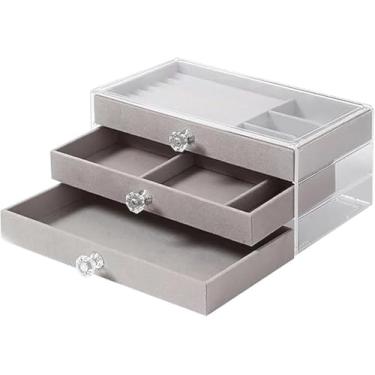 Imagem de CADWON Organizador de joias de veludo acrílico, anéis de brinco, colares, pulseiras, estojo de exibição de presente com 3 gavetas para mulheres (cinza, 1 peça)