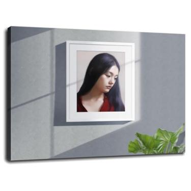 Imagem de Impressão em tela de retrato mulheres folhas pôster arte de parede para casa 1 peça decorações com moldura 25.4 cm x 20.3 cm