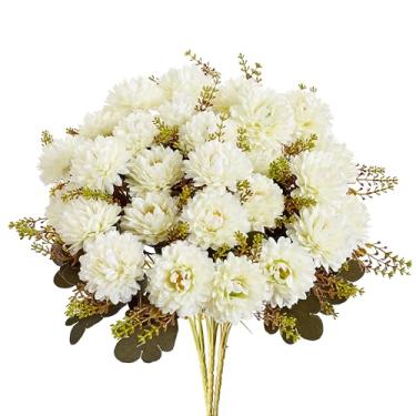 Imagem de XIANNVXI Flor branca, crisântemo, bola artificial, 2 peças, 18 cabeças, crisântemos, buquê de flores falsas brancas, flores falsas, arranjos com hastes para decoração de casa, ambientes internos e
