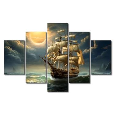Imagem de Arte de parede em tela de navio à vela para sala de estar decoração de casa pôster de veleiro impressões em tela navio pirata horizonte marítimo viajantes decorações de parede para quarto banheiro