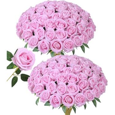 Imagem de 50 peças de flores artificiais de rosas rosa, rosas falsas com caule, rosas de seda realistas para buquês de casamento, mesa de centro de mesa, arranjos de chá de bebê, aniversário, decoração de casa