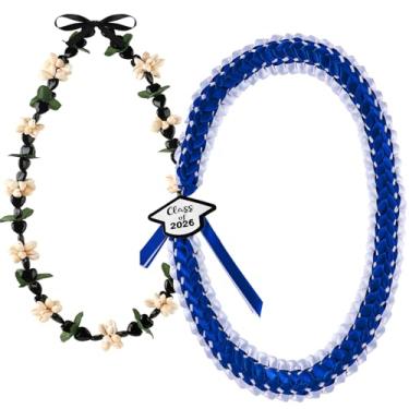 Imagem de Junkin 2 peças de formatura Leis havaiana formatura preta Kukui Nut Leis com concha de caurie, fita de formatura de folha sintética, colar Lei 2024 havaiano Kukui Nut colar para mulheres e homens,