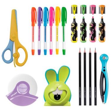 Imagem de Material Escolar Kit Basico Borracha Caneta Gel Colorida Apontador Lap