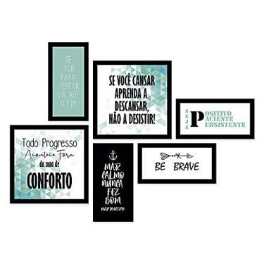 Imagem de Conjunto 6 Quadros Decorativos com MOLDURA Frases de Motivação com Geométrico Verde