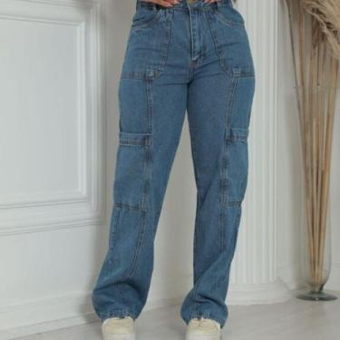 Imagem de Calça feminina cargo wide leg jeans sem lapela. - kCG, 46