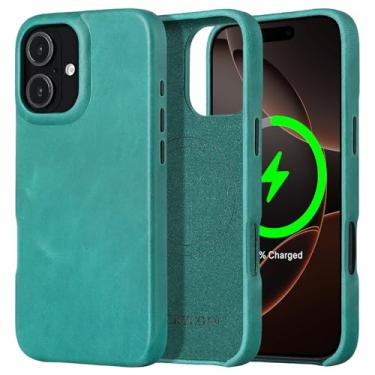 Imagem de Capa de telefone compatível com MagSafe de couro genuíno para Apple iPhone 16 de 6,1 polegadas, azul marinho, capa protetora de carregamento sem fio com ímã forte, botões de metal, moldura da câmera,