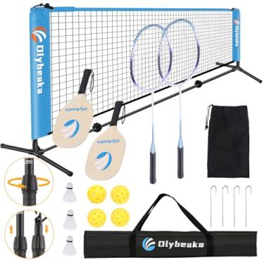 Imagem de Olybeaka Rede de badminton portátil tudo-em-um, rede de pickleball, altura ajustável, conjunto de rede de voleibol infantil para quintal e praia, inclui 4 raquetes de badminton de alumínio + 2