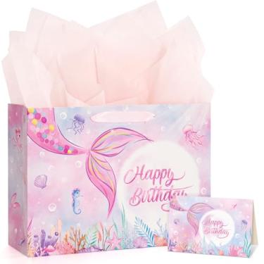 Imagem de WERNNSAI Bolsa grande de presente de aniversário de sereia de 33 cm com cartão de felicitações, papel de seda e alças para mulheres, meninas, crianças, aniversário