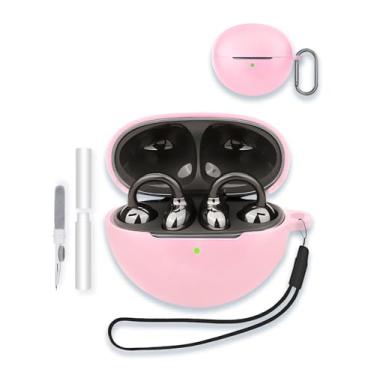 Imagem de WUNIAK Capa para Huawei FreeClip, capa protetora de silicone macio portátil resistente a arranhões com kit de limpeza, mosquetão e cordão, rosa