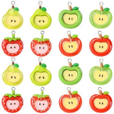 Imagem de UR URLIFEHALL Pingentes de resina e frutas, 40 peças, 8 estilos, lindos pingentes de maçã, morango, pera com laços de liga para artesanato faça você mesmo, joias, resina, sem pedra preciosa