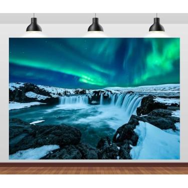 Imagem de CORFOTO Cenário fotográfico de 2,1 x 1,5 m de aurora boreal islândia cataratas polares paisagem paisagem aurora boreal, cenário de inverno, decoração de festa de aniversário, adereços para fotos de