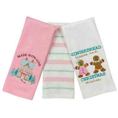 Imagem de Toalhas de cozinha de Natal - Conjunto de 3 rosa verde branco 100% algodão bordado casa de gengibre, faixa de bengala doce e casal de gengibre com design de frases - 40,6 x 66 toalhas multiuso todos