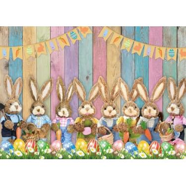 Imagem de Pano de fundo de Páscoa colorido de madeira para fotografia de coelho, ovos, grama, faixa de fundo de primavera, decoração de festa de Páscoa, crianças, aniversário, chá de bebê, adereços para cabine
