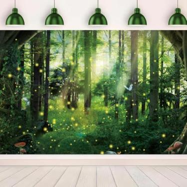 Imagem de YongFoto 2,7 x 1,8 m, cenário de floresta, árvore verde, floresta, folhas de selva, borboleta, cogumelo, natureza, país das maravilhas para crianças, aniversário, acampamento, festa, chá de bebê