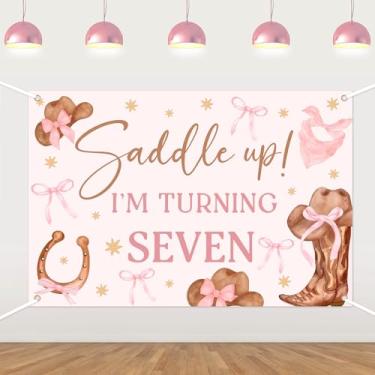 Imagem de Pano de fundo de aniversário de vaqueira ocidental, sela! Tema de rodeio 7º aniversário, decorações de festa rosa, rodeio do oeste selvagem, cacto mexicano para meninas, crianças, artigos de festa de