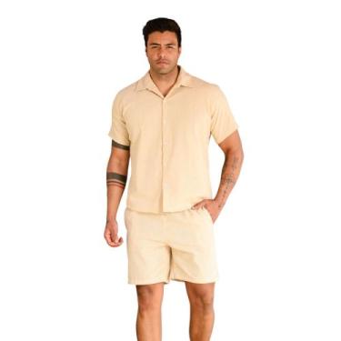 Imagem de Conjunto de Linho Masculino Camisa botão Linho Short Linho Masculina -